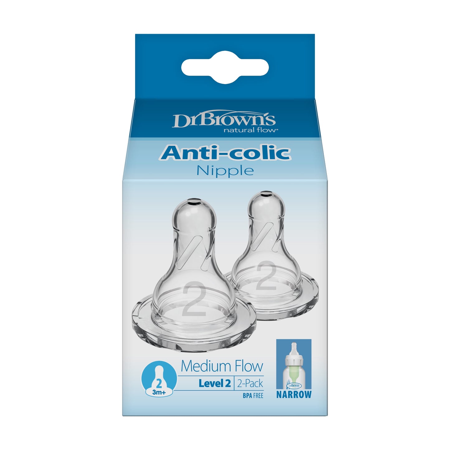 Natural Flow Level 2 Narrow Baby Bottle Silicone Nipple, Medium Flow, 3M+, 100% Silicone Bottle Nipple, 2 Pack