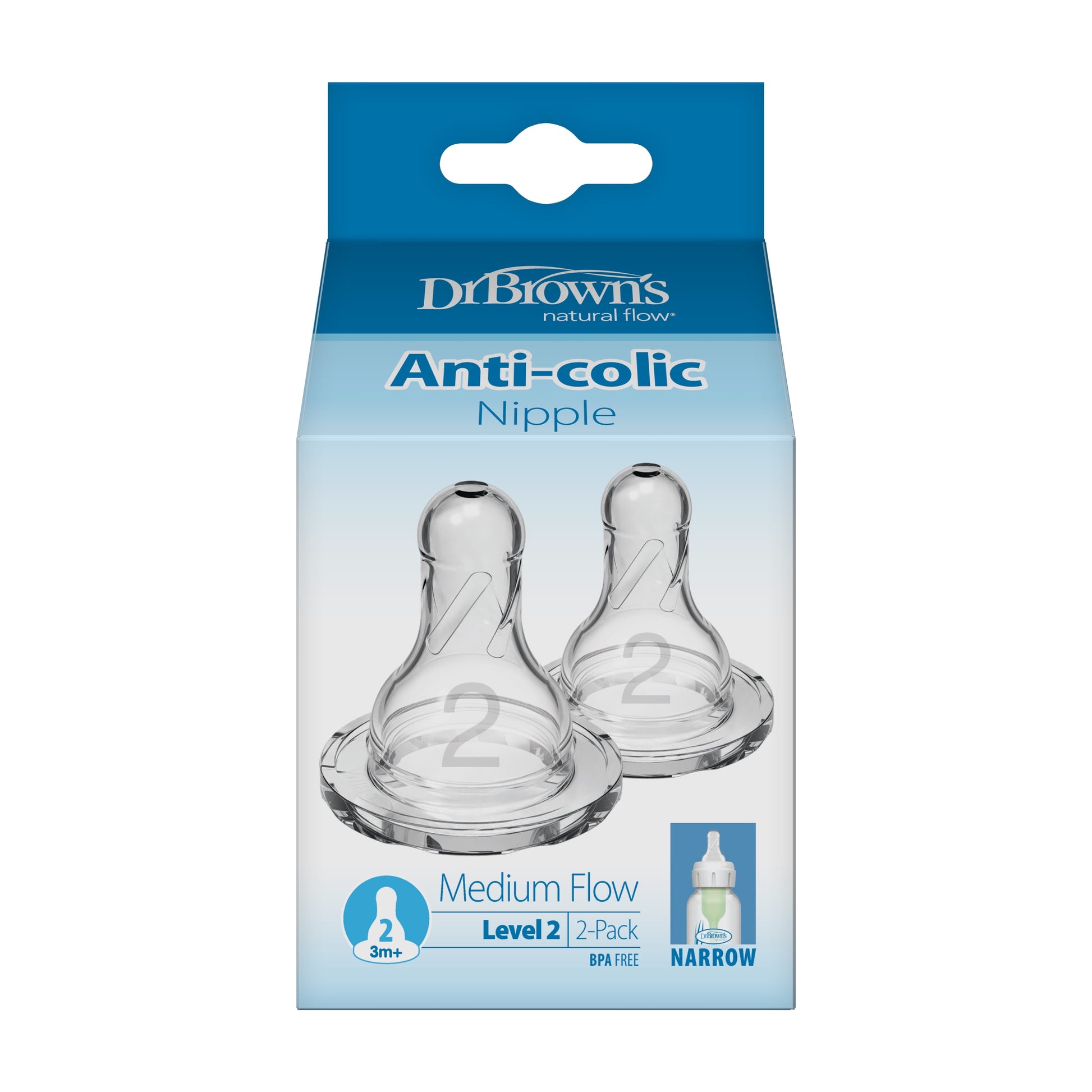 Natural Flow Level 2 Narrow Baby Bottle Silicone Nipple, Medium Flow, 3M+, 100% Silicone Bottle Nipple, 2 Pack