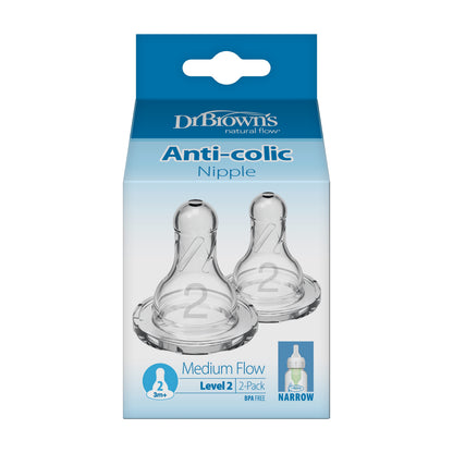 Natural Flow Level 2 Narrow Baby Bottle Silicone Nipple, Medium Flow, 3M+, 100% Silicone Bottle Nipple, 2 Pack