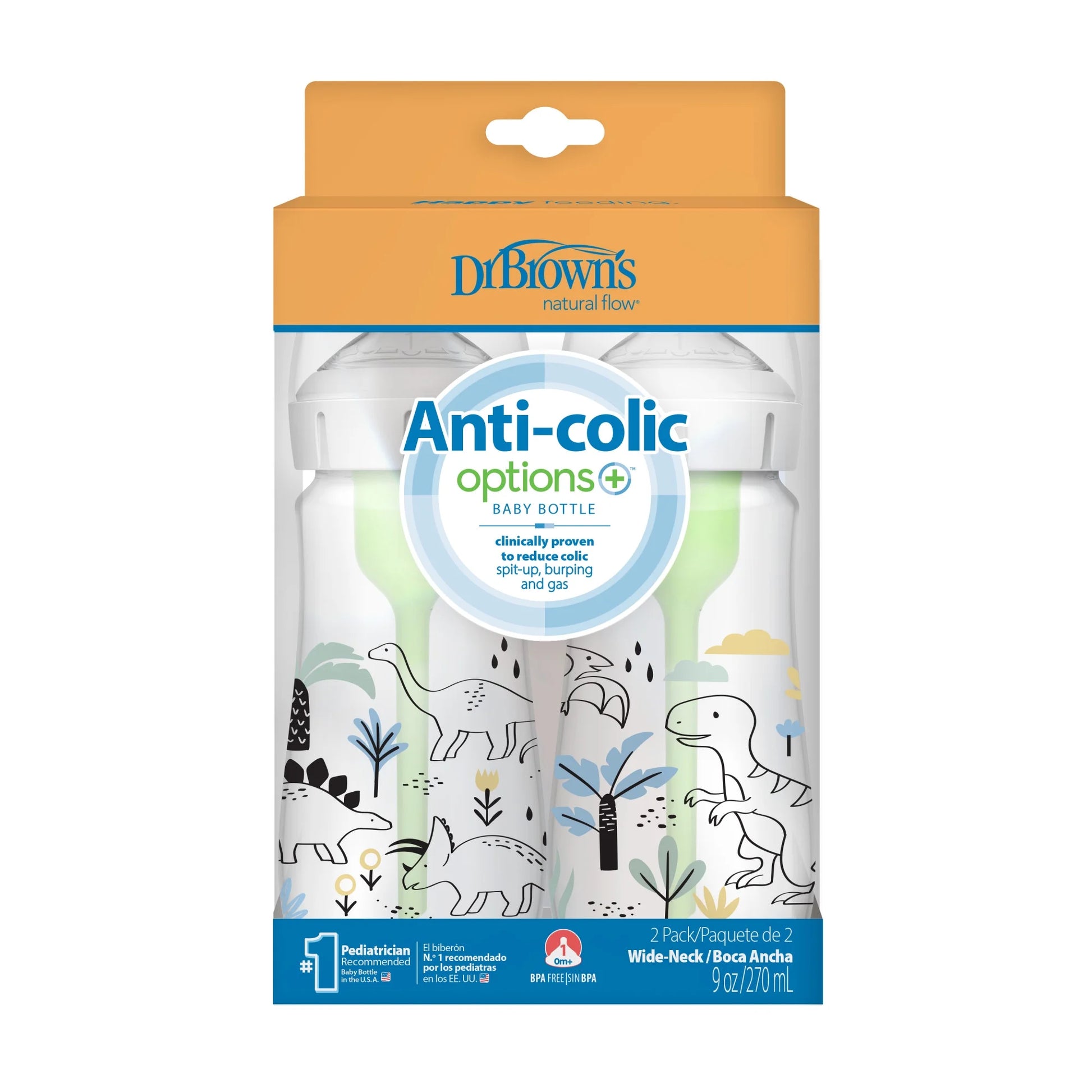 Natural Flow Anti-Colic Options+ Wide-Neck Baby Bottle, Dino Decos, 9Oz/270Ml, Level 1 Slow Flow, 0M+, 2 Pack