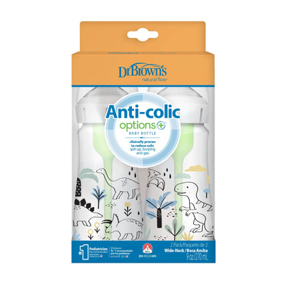 Natural Flow Anti-Colic Options+ Wide-Neck Baby Bottle, Dino Decos, 9Oz/270Ml, Level 1 Slow Flow, 0M+, 2 Pack