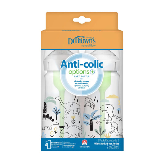 Natural Flow Anti-Colic Options+ Wide-Neck Baby Bottle, Dino Decos, 9Oz/270Ml, Level 1 Slow Flow, 0M+, 2 Pack