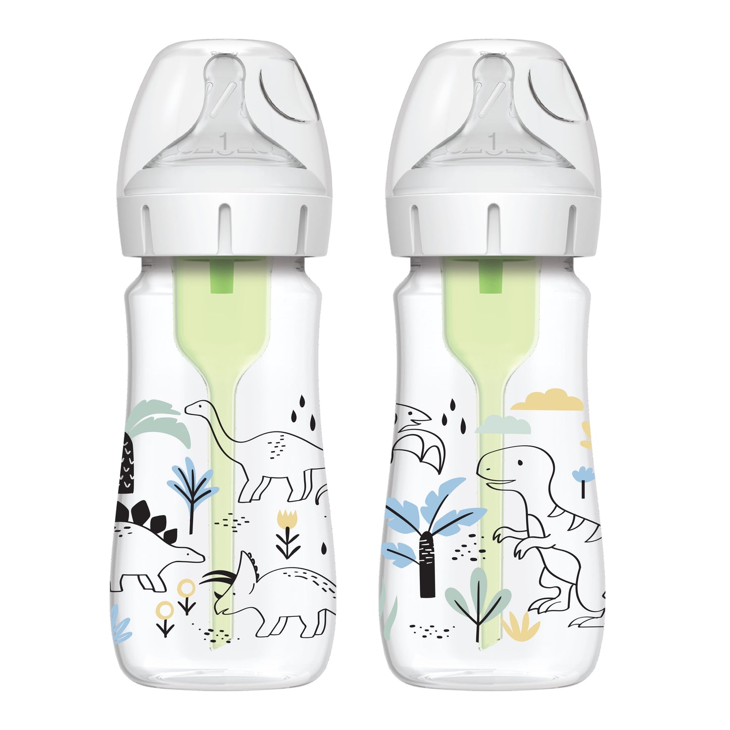 Natural Flow Anti-Colic Options+ Wide-Neck Baby Bottle, Dino Decos, 9Oz/270Ml, Level 1 Slow Flow, 0M+, 2 Pack