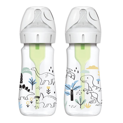 Natural Flow Anti-Colic Options+ Wide-Neck Baby Bottle, Dino Decos, 9Oz/270Ml, Level 1 Slow Flow, 0M+, 2 Pack