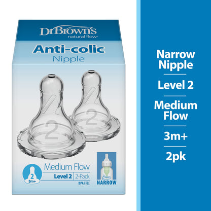 Natural Flow Level 2 Narrow Baby Bottle Silicone Nipple, Medium Flow, 3M+, 100% Silicone Bottle Nipple, 2 Pack