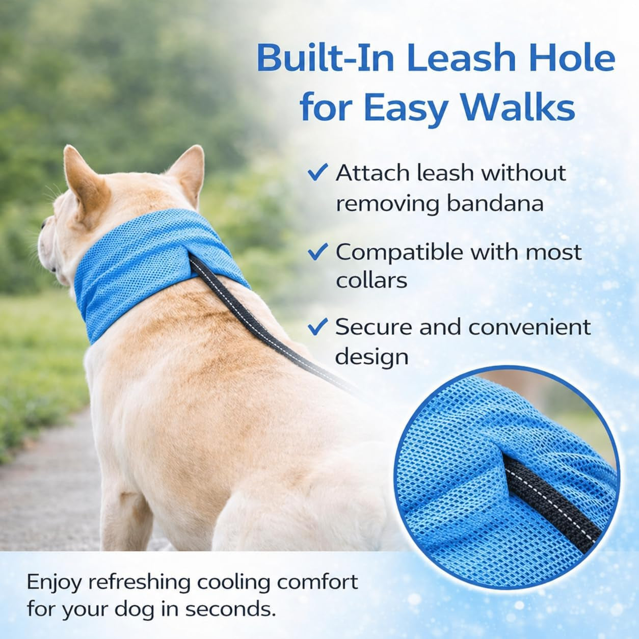 Instant Cooling Dog Bandana for Pet Scarf Soft Cool Mat Pet Collar – Eco-Friendly Breathable Polyester Dog Cooling Bandana for Dogs Puppy Bandana with Leash Hole (Blue, Small)