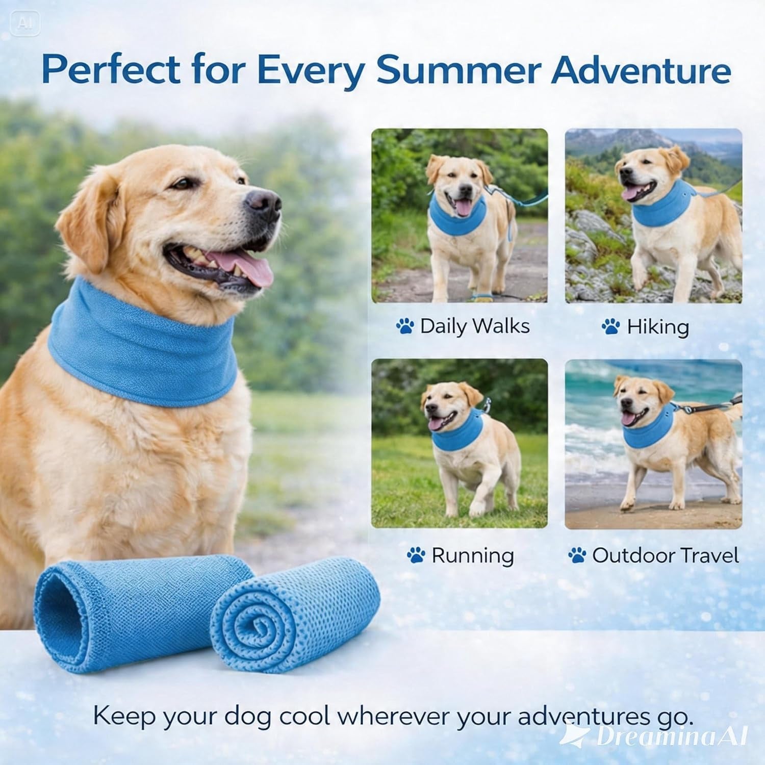 Instant Cooling Dog Bandana for Pet Scarf Soft Cool Mat Pet Collar – Eco-Friendly Breathable Polyester Dog Cooling Bandana for Dogs Puppy Bandana with Leash Hole (Blue, Small)